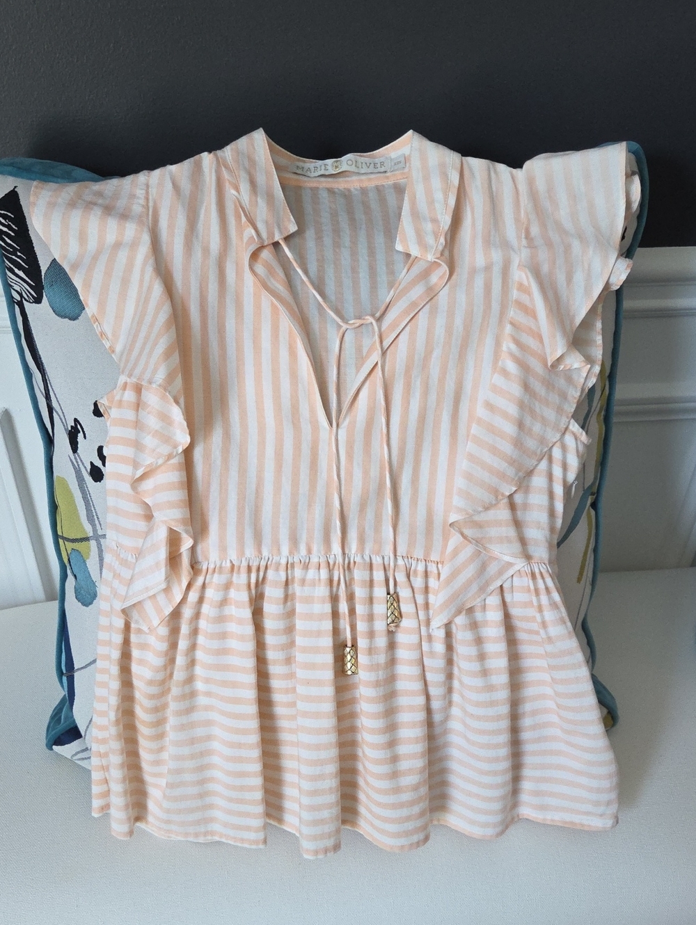 Marie Oliver Peach & White Striped Ruffle Tie-Front Sleeveless Blouse